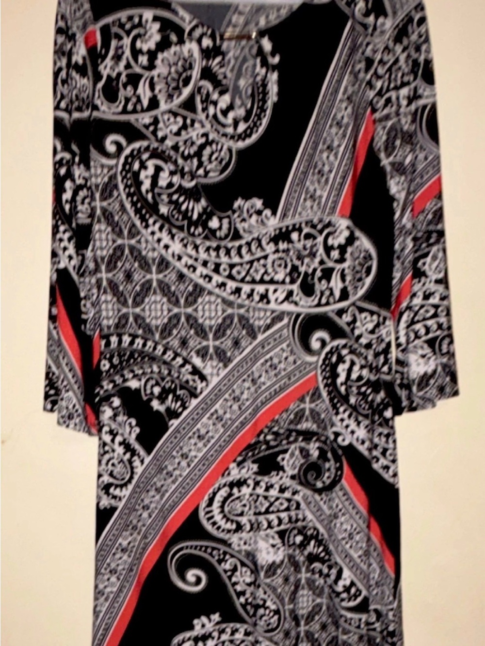 Black Paisley Print Dress with Red Accents